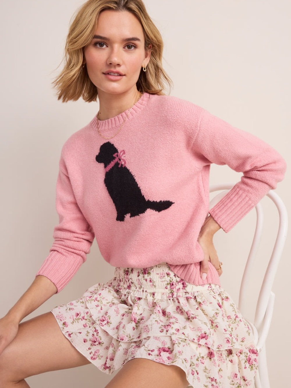 Francesca’s Pink Dog Graphic Knit Sweater XS Cozy Puppy Pullover